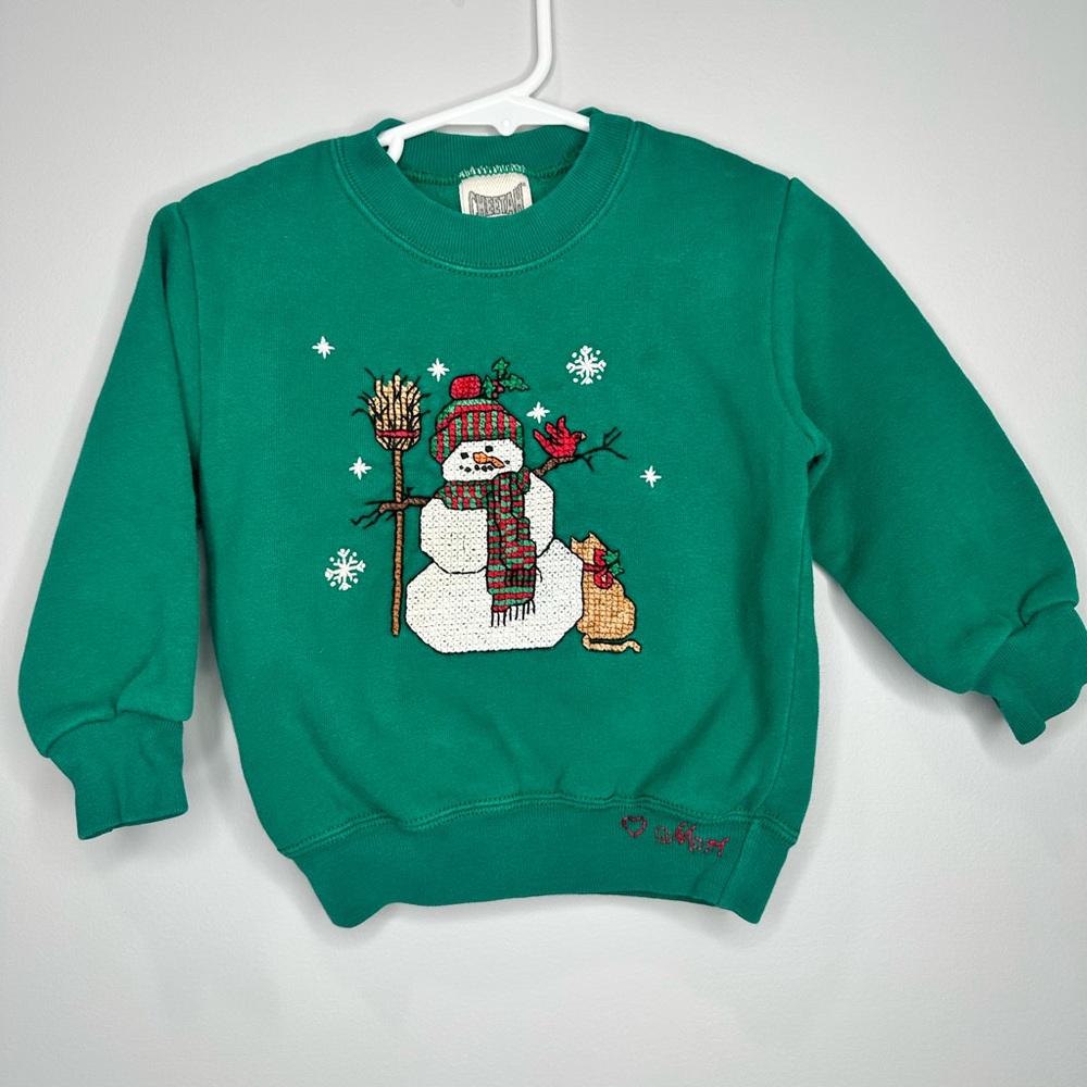 Vintage green crewneck sweatshirt features snowman Hand embroidered graphic 2T